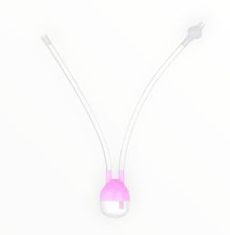 Aspirateur nasal rose avec un cordon blanc, sur fond uni