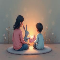 Une maman et son enfant assis sur un tapis, P’tit Lapinou tend une enveloppe avec un cœur représentant l’e-carte cadeau.