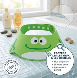 Visière de bain grenouille en silicone pour protéger les yeux et les oreilles de bébé.