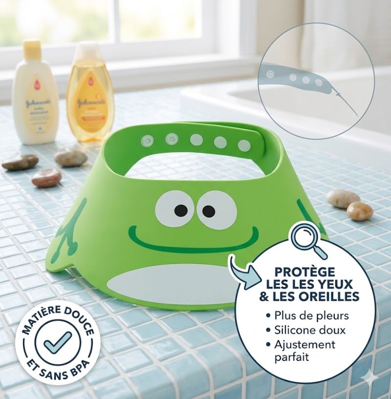 Visière de bain grenouille en silicone pour protéger les yeux et les oreilles de bébé.