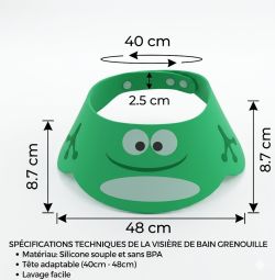 Dimensions et guide des tailles de la visière de bain grenouille ajustable de 40 à 48 cm.