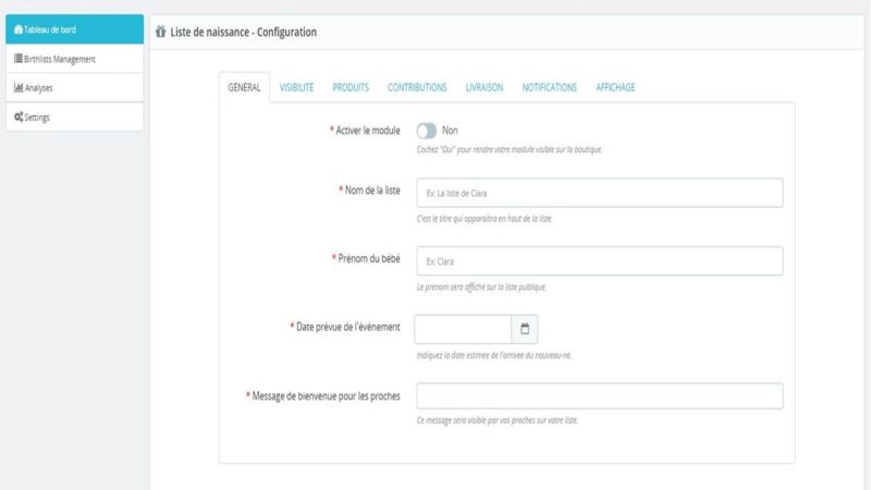 Configuration du module pour l'administrateur